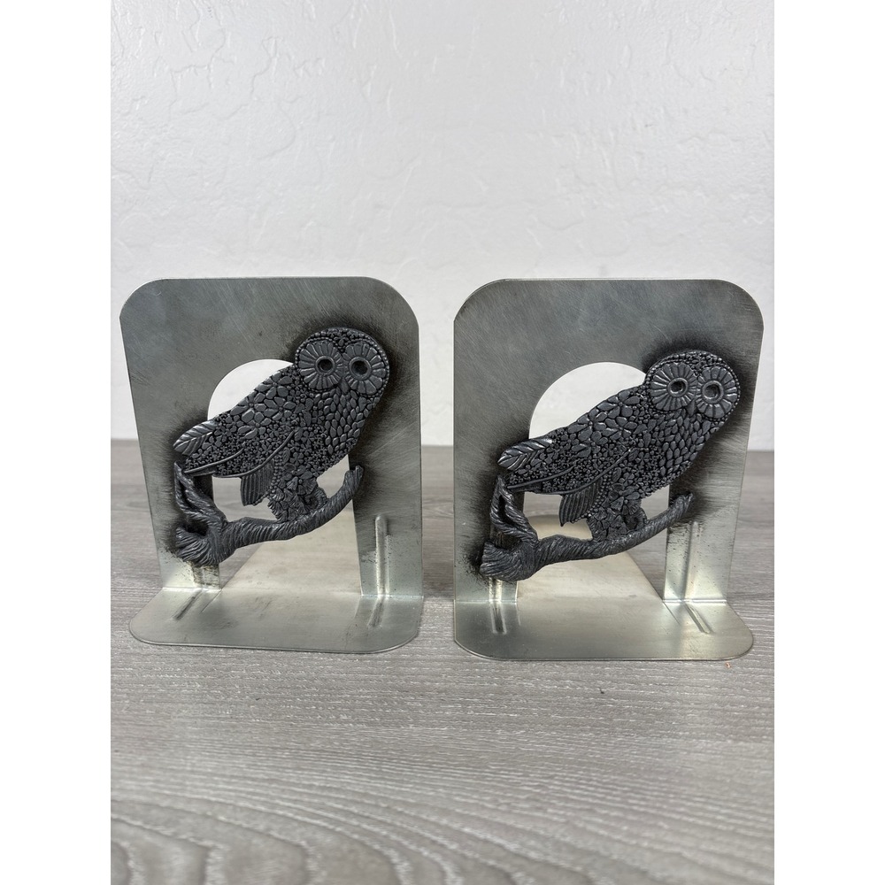 Pair Vtg Metzke Metal Pewter Owl Bookend 6" Boho Forest Silver 70s 80s Brutalist